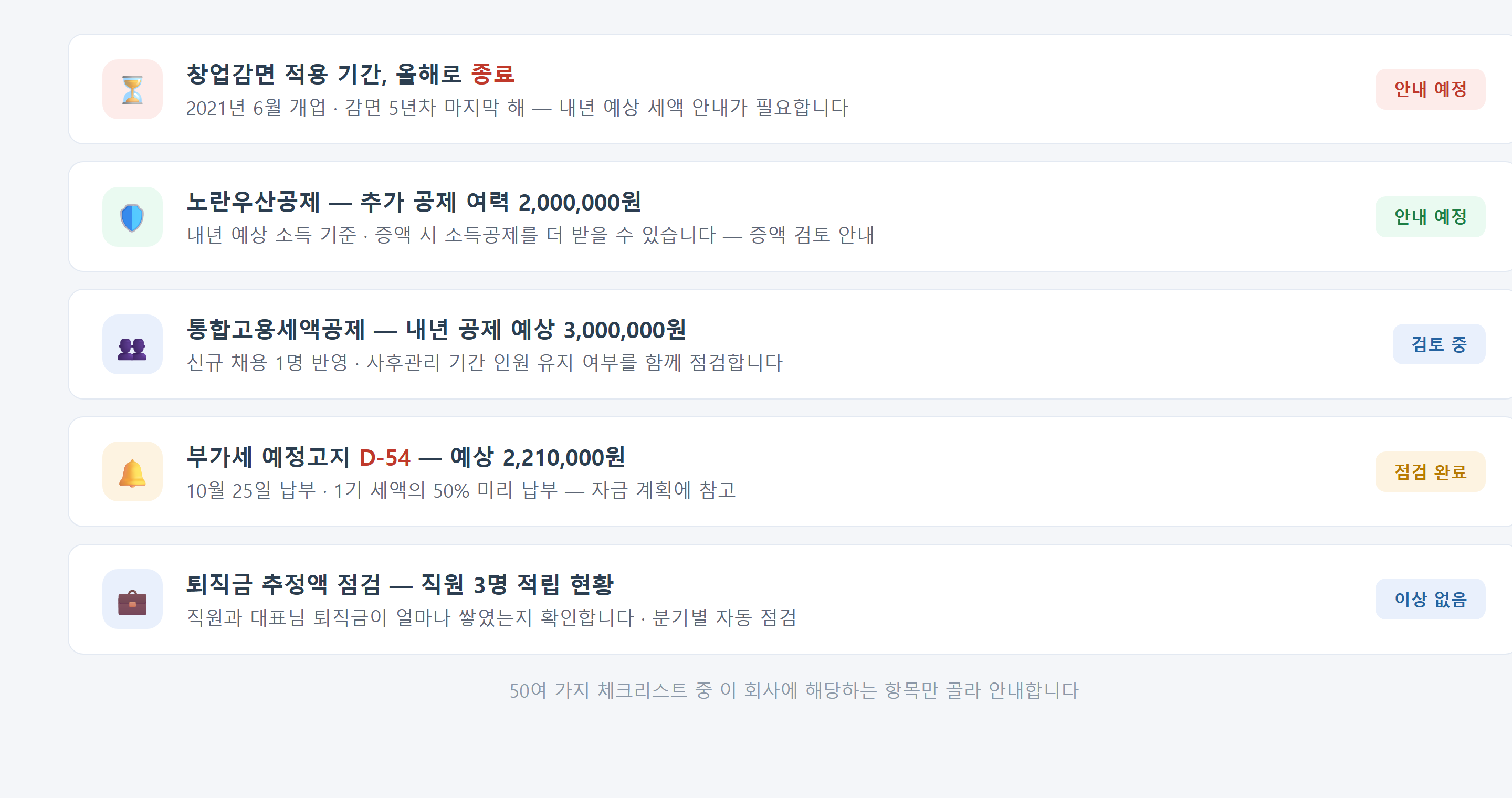 사전알림 화면 · 창업감면 종료, 노란우산공제 추가 공제 여력, 통합고용세액공제, 부가세 예정고지 등 이 회사에 해당하는 점검 항목만 골라 보여주는 화면